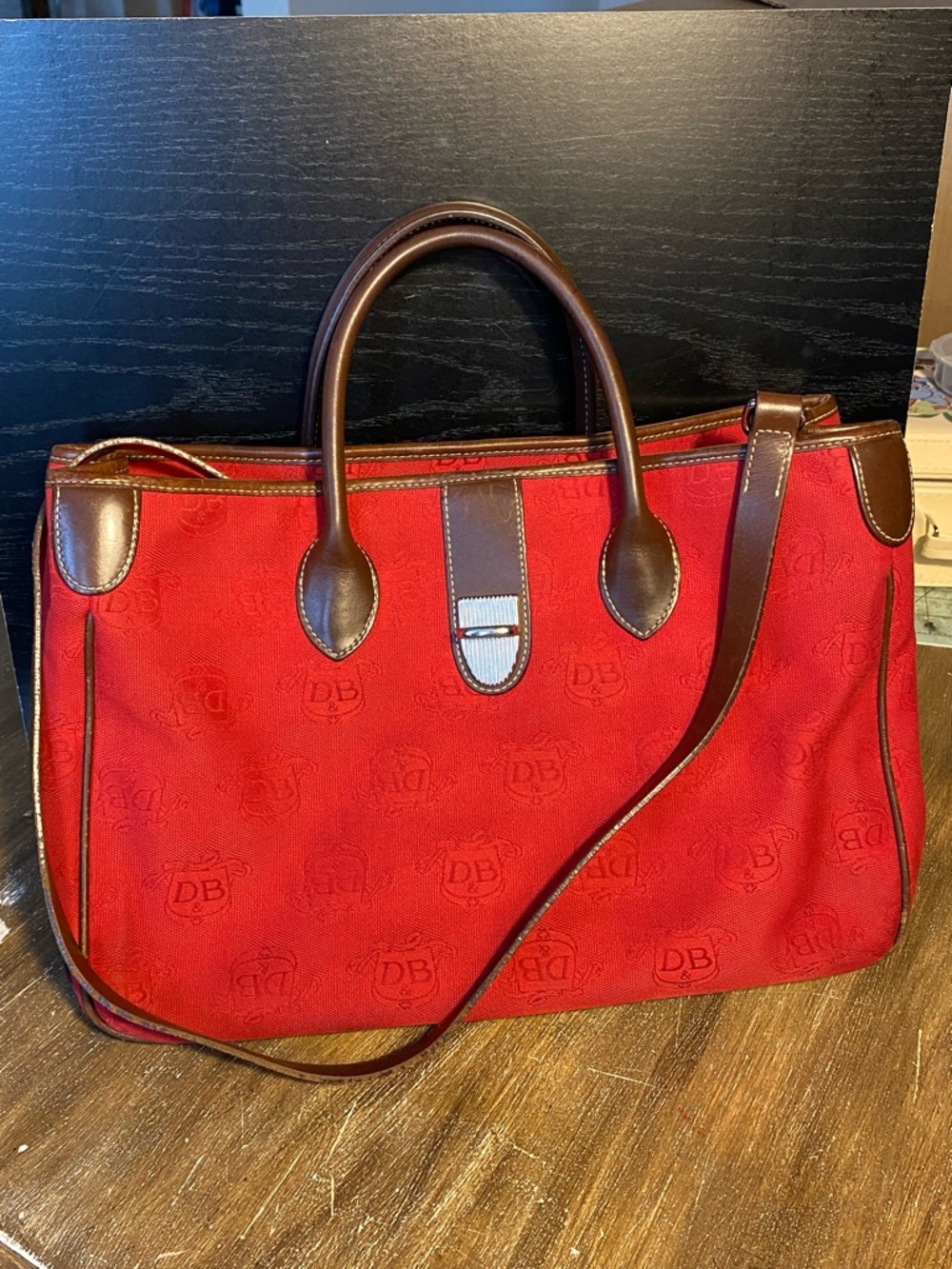 Vtg Dooney & Bourke Red Canvas Satchel with Brown Leather Trim Signature